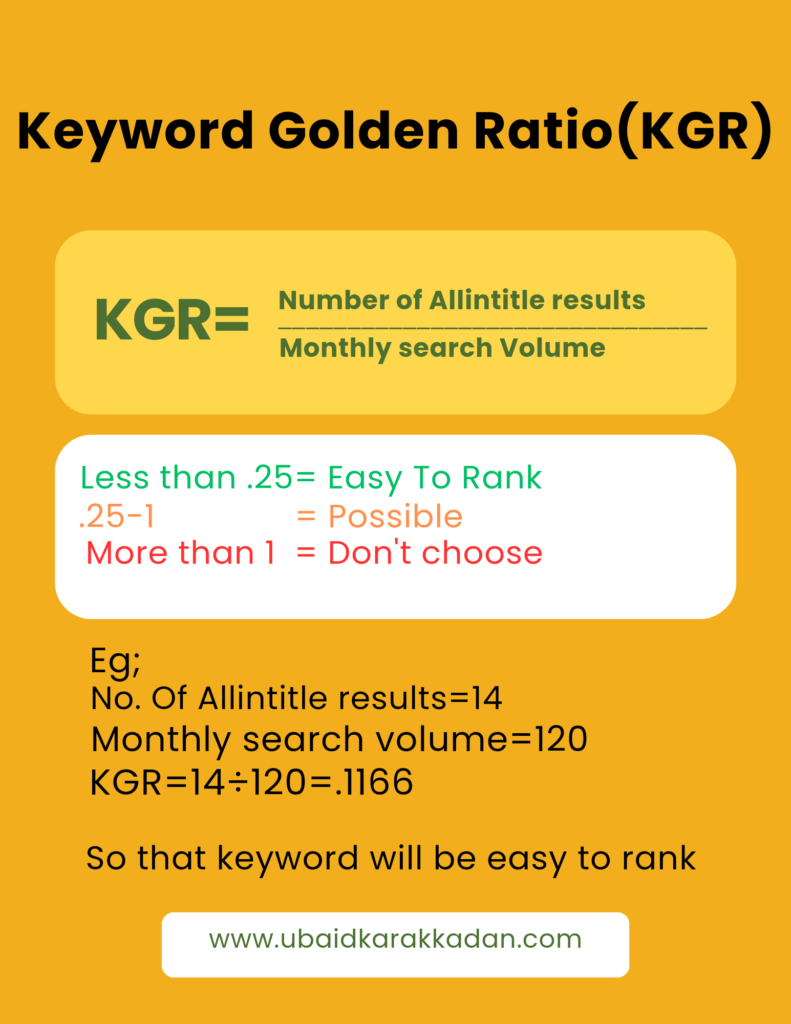 kgr formula 
How do you calculate keyword golden ratio
Formula to calculate Keyword Golden Ratio (KGR)